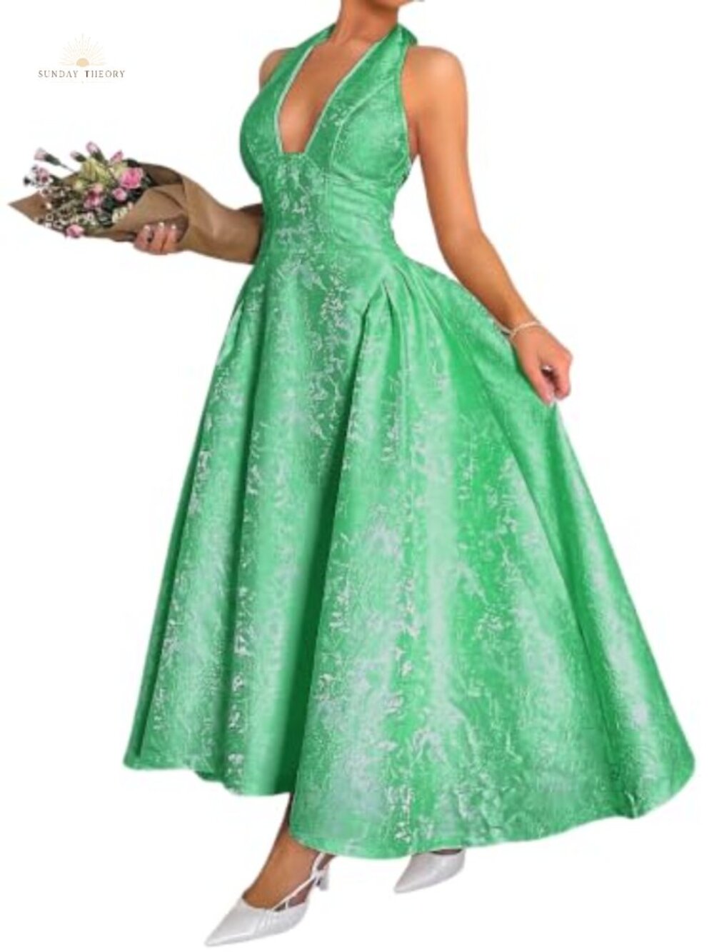 Jacquard Maxi Dress V Neck Halter A Line Backless Semi Formal Wedding Guest Prom